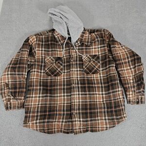 Field & Stream Jacket Mens 2XL Brown Plaid Hooded Flannel Shacket Insulated‎